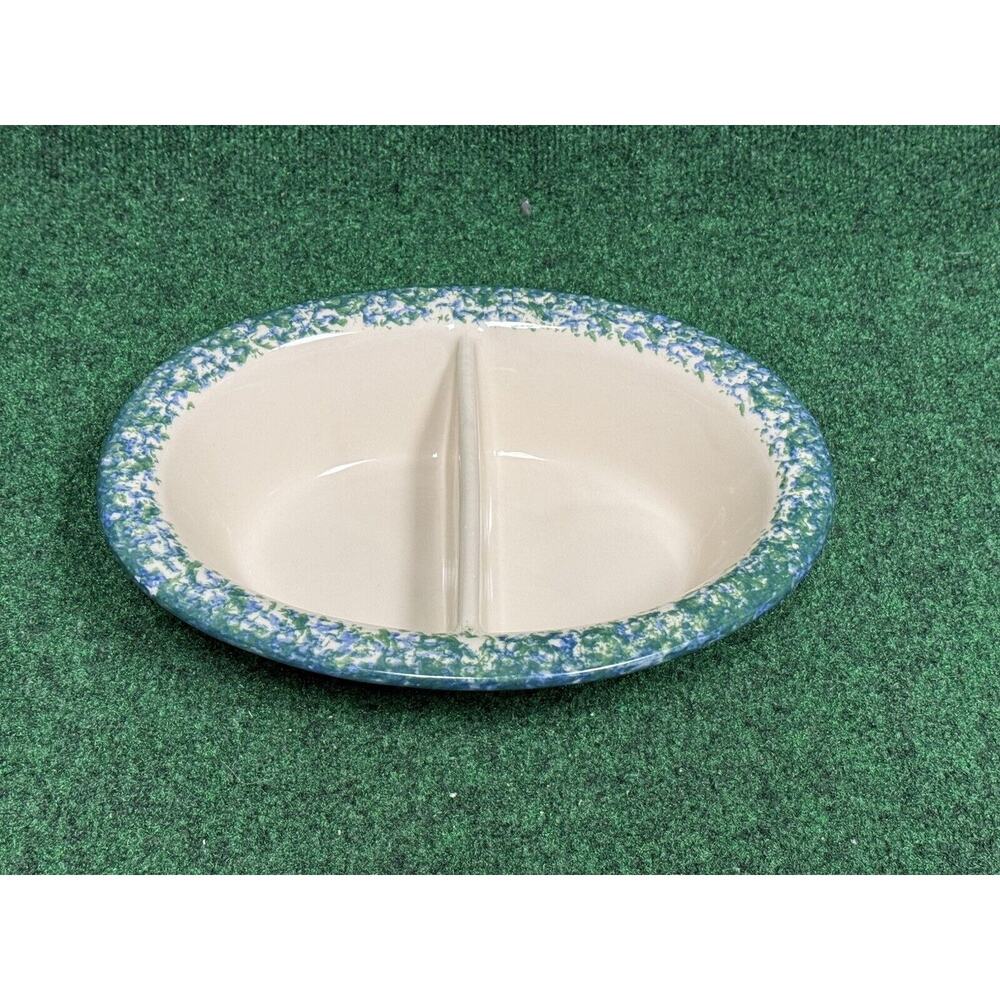 Gerald Henn Workshops Spongeware Oval Divided Dish GREEN & BLUE Stoneware